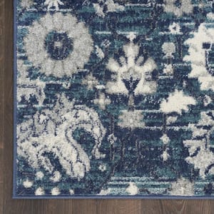 Navy Blue 5 ft. x 7 ft. Floral Power Loom Distressed Area Rug