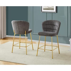 Danisha Dark Grey Fluffy Fabric Counter Height Stool (Set of 2) with Gold Chrome Plated Legs