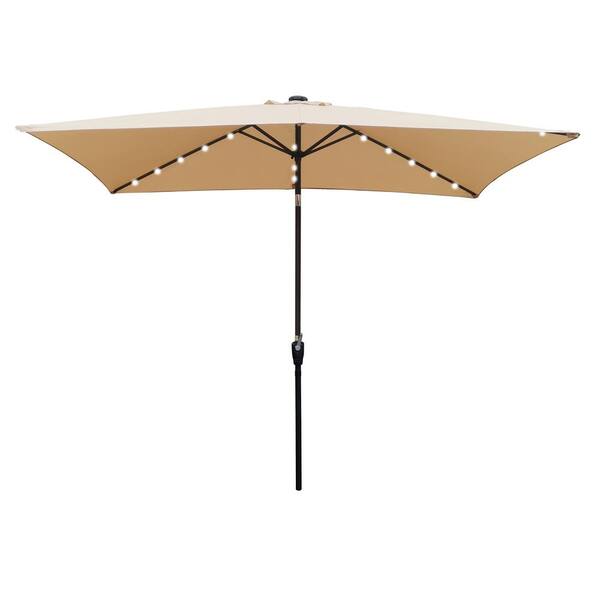 Unbranded 10 x 6.5 ft. Tan Rectangular Patio Umbrella Solar LED Lighting Outdoor Market Umbrella with Crank and Button Tilt