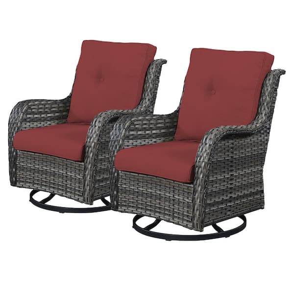 Outdoor Swivel Gray Wicker Outdoor Rocking Chair with CushionGuard Red Cushions Patio (2-Pack)