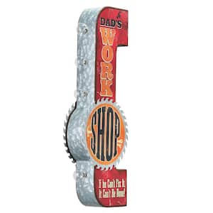 Vintage LED Iron Metal Marquee Sign Dad's Workshop If He Can't Fix it Sign, Decorative Sign, 25 in. x 7.5 in. x 3 in.