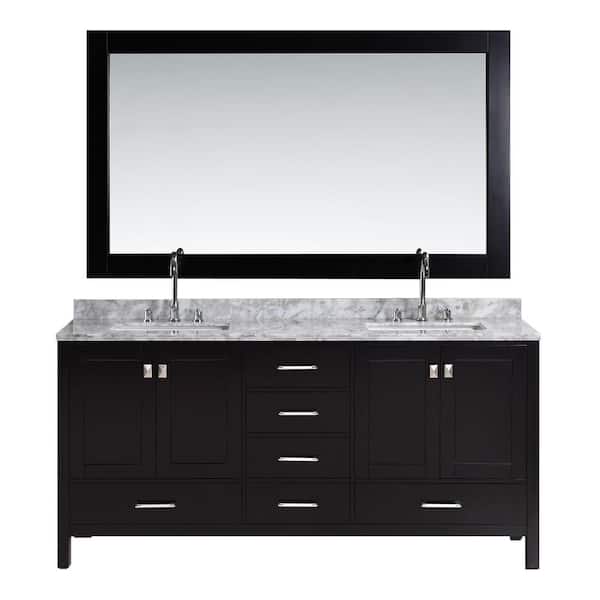 Design Element London 72 in. W x 22 in. D Double Vanity in Espresso with Marble Vanity Top and Mirror in Carrara White