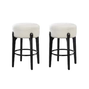 Ellie 29 in. Black Backless Wood Bar stool with White Boucle Fabric Seat Set of 2