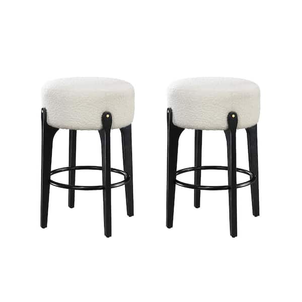 LuXeo Ellie 29 in. Black Backless Wood Bar stool with White Boucle Fabric Seat Set of 2