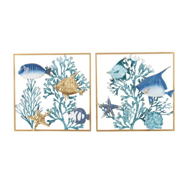 Litton Lane Metal Blue Fish Wall Decor with Gold Frames and Coral Background (Set of 2)