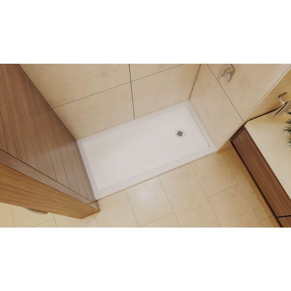 SlimLine 60 in. L x 36 in. W Alcove Rectangular White Shower Pan Base with 2 in. Round Right Drain in Polished Nickel