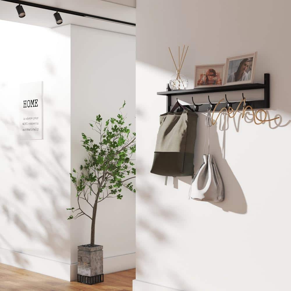 Black Wall-Mounted Shelf with 5 Dual Hooks