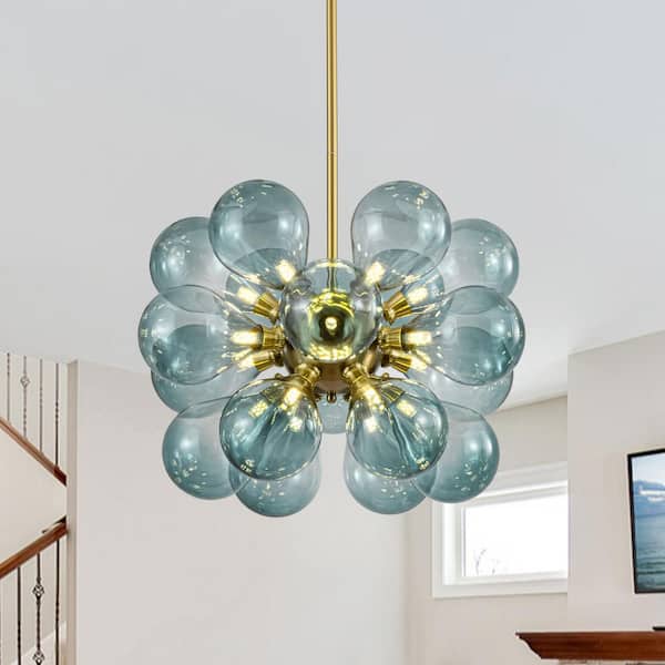 Alma 18-Light Brass Cluster Dandelion Sputnik Chandelier with Gradient Blue Balloon Hand Blown Glass Shades