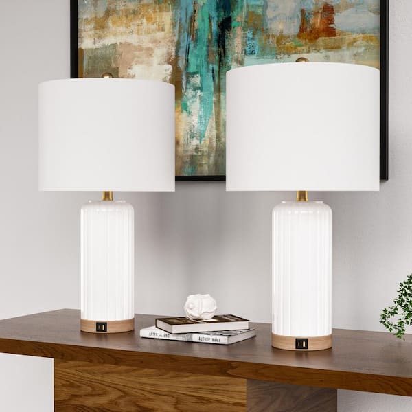 Maxax Sacramento 24.5 in. White Ceramic Base White Linen Lampshade USB with Type-C Ports (2-Pack)