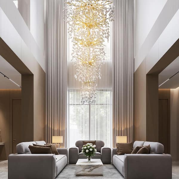 Modern Chandelier 118 in. 28-Light Crystal Gold Chandelier for Foyer, Living room, Multiple Tiers Chandelier