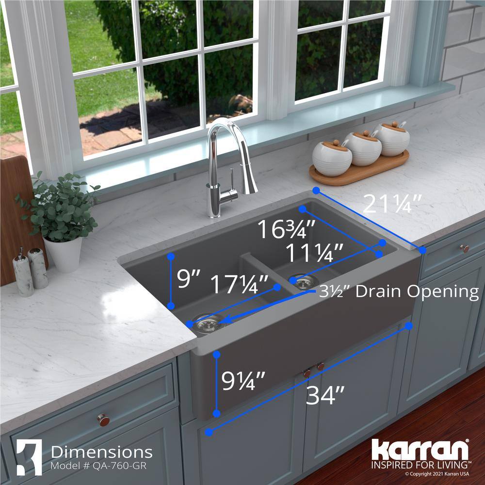 Gray Quartz 34'' Double Bowl Farmhouse Kitchen Sink Kit