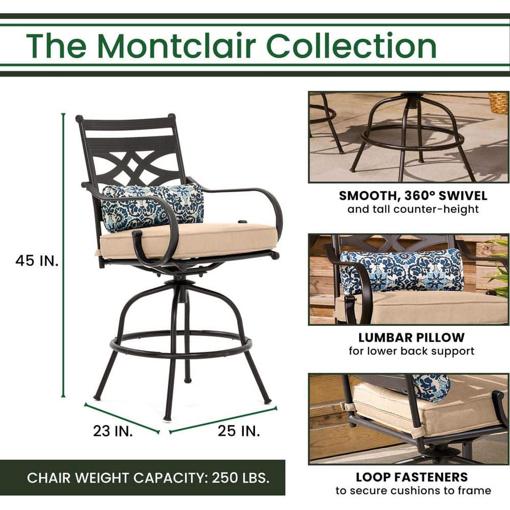Montclair Modern 5-Piece Outdoor High-Dining Set with Swivel Chairs and Umbrella in Tan