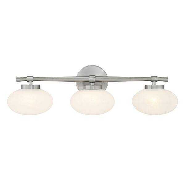 Barrow 25 in. W x 8 in. H 3-Light Satin Nickel Bathroom Vanity Light with Strie Glass Shades