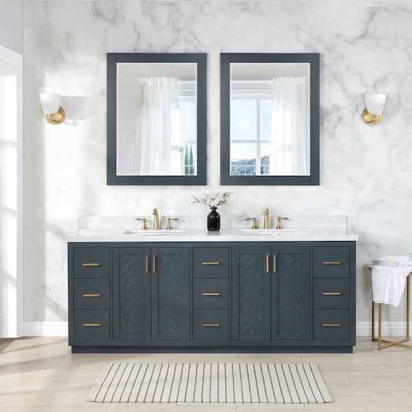Altair Gazsi 84 in. W x 22 in. D x 34 in. H Bath Vanity in Charcoal Blue with Grain White Composite Stone Top and Mirror