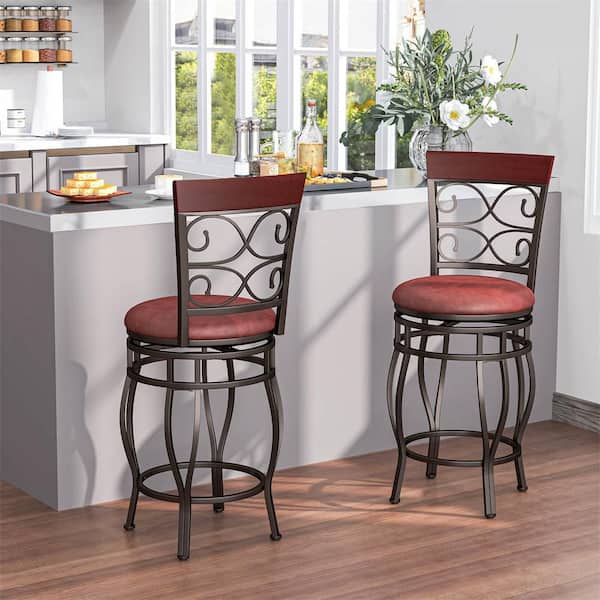 26 in. H Brown Metal Swivel Bar Stools with Upholstered Seat Scroll Backrest Footrest Set of 2