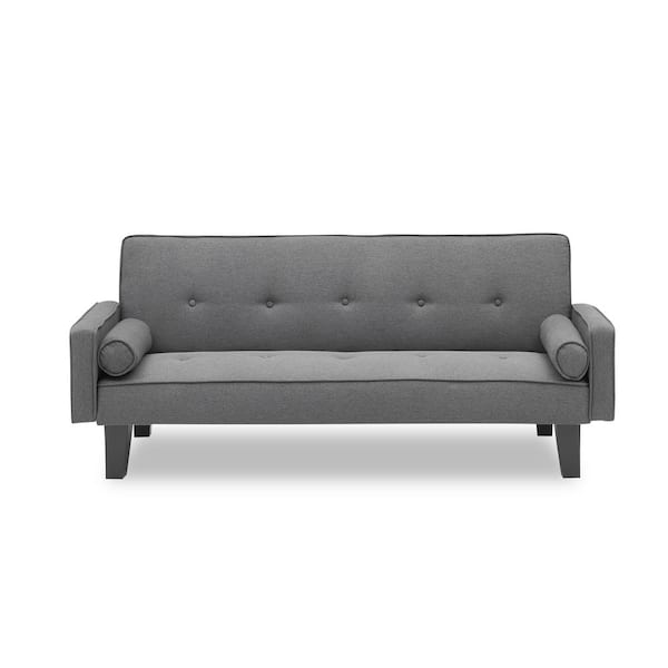 Angel Sar 71.6 in Wide Square Arm Linen Straight Sofa in Gray with 2 Pillows, Small Tufted Sofa Bed