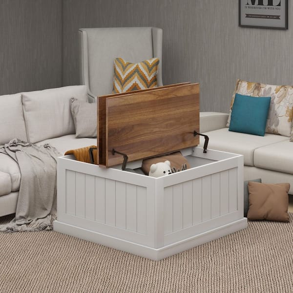 Farmhouse Coffee Table, Square Wood Center Table with Hinged Lift Top, Rustic Cocktail Table in White