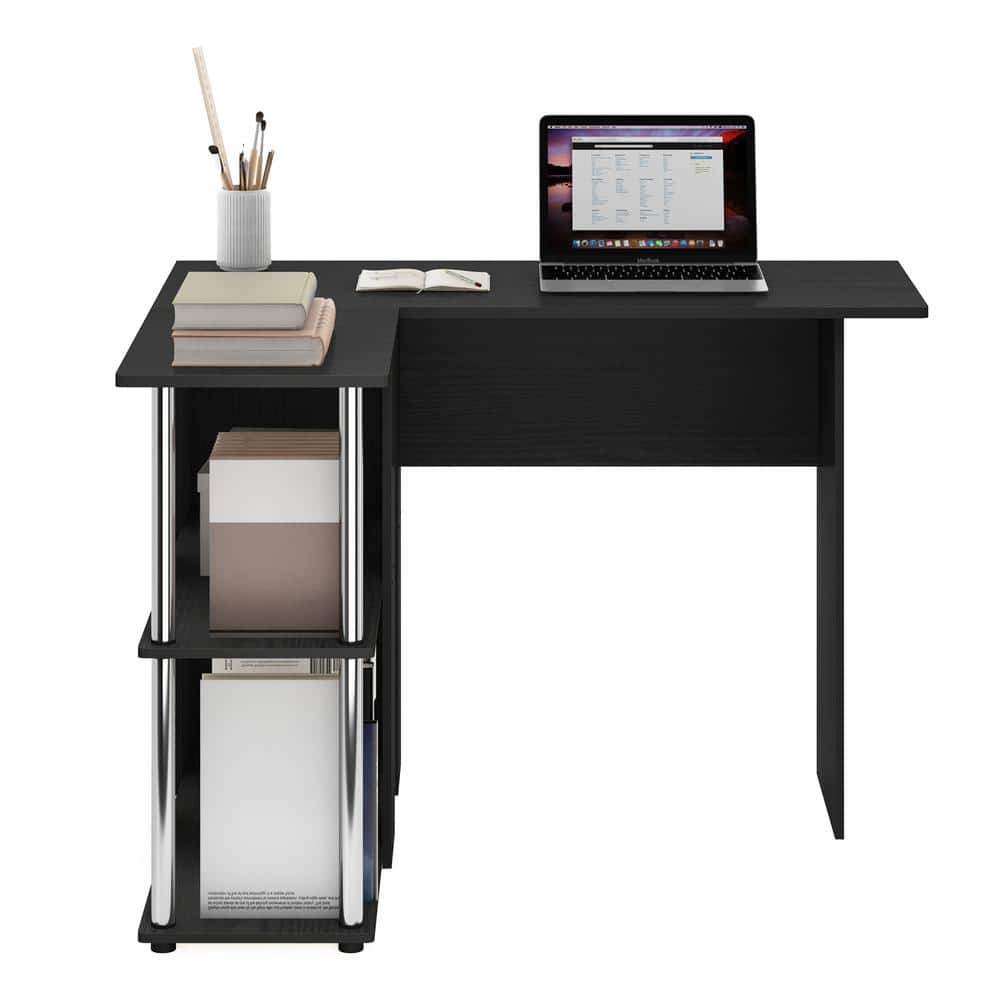 Americano and Chrome L-Shape Corner Writing Desk with Shelves