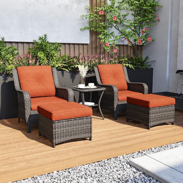 5-Piece Wicker Patio Conversation Set Outdoor Lounge Chairs with Ottomans and Orange Cushions