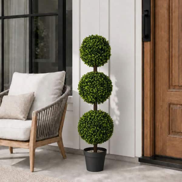 3 ft. 1 Pack Indoor Outdoor Artificial Triple Ball Topiary Tree with 0.5 in Pot, Faux Boxwood Plant for Garden Decor