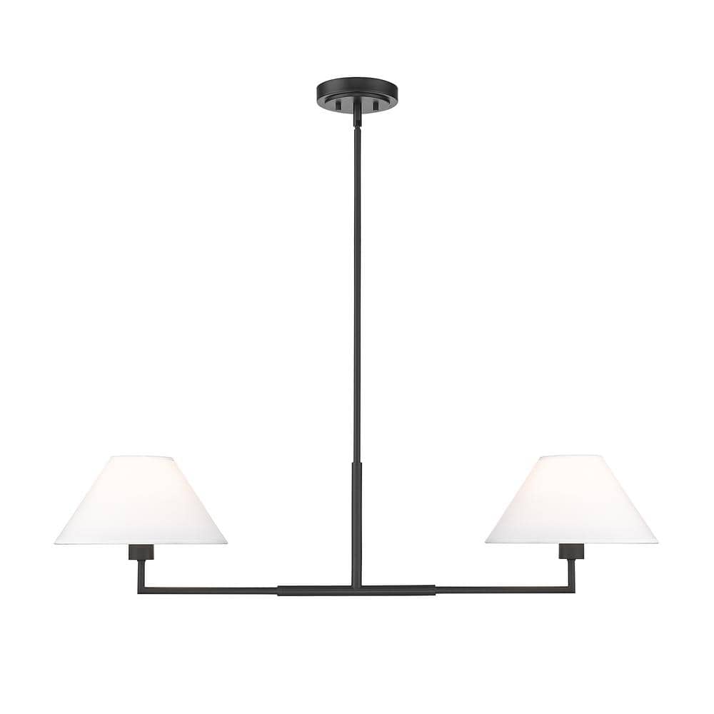 Leila 2-Light Matte Black Chandelier with White Linen Fabric Shades