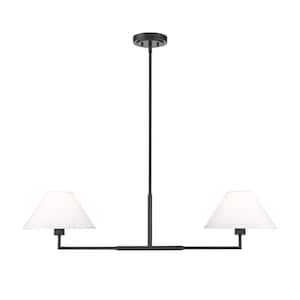 Leila 2-Light Matte Black Chandelier with White Linen Fabric Shades
