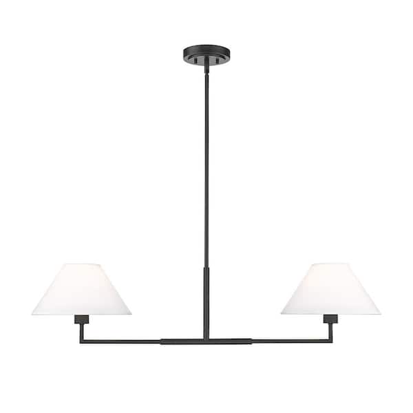 Unbranded Leila 2-Light Matte Black Chandelier with White Linen Fabric Shades