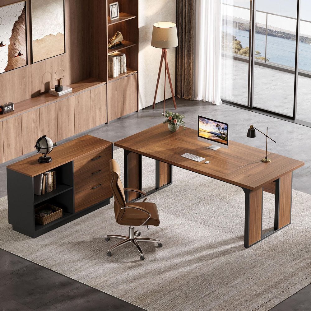 Lanita 63 in. L-Shaped Black and Black Wood 3-Drawer Executive Desk with 39.4 in. Cabinet Large Office Desk