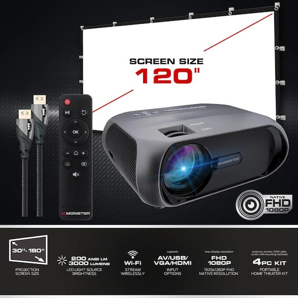 Vælg Smil Regan Monster Vision 1920 x 1080p LCD TFT Technology Home Projector Kit, with  3000 Lumens, Comes With 120 Inch Screen MHV1-1058-GUN - The Home Depot