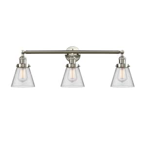 Cone 30 in. 3-Light Brushed Satin Nickel Vanity Light with Clear Glass Shade