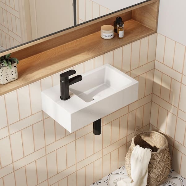 Left Hand White Ceramic Wall-Mounted Rectangle Vessel Sink Porcelain