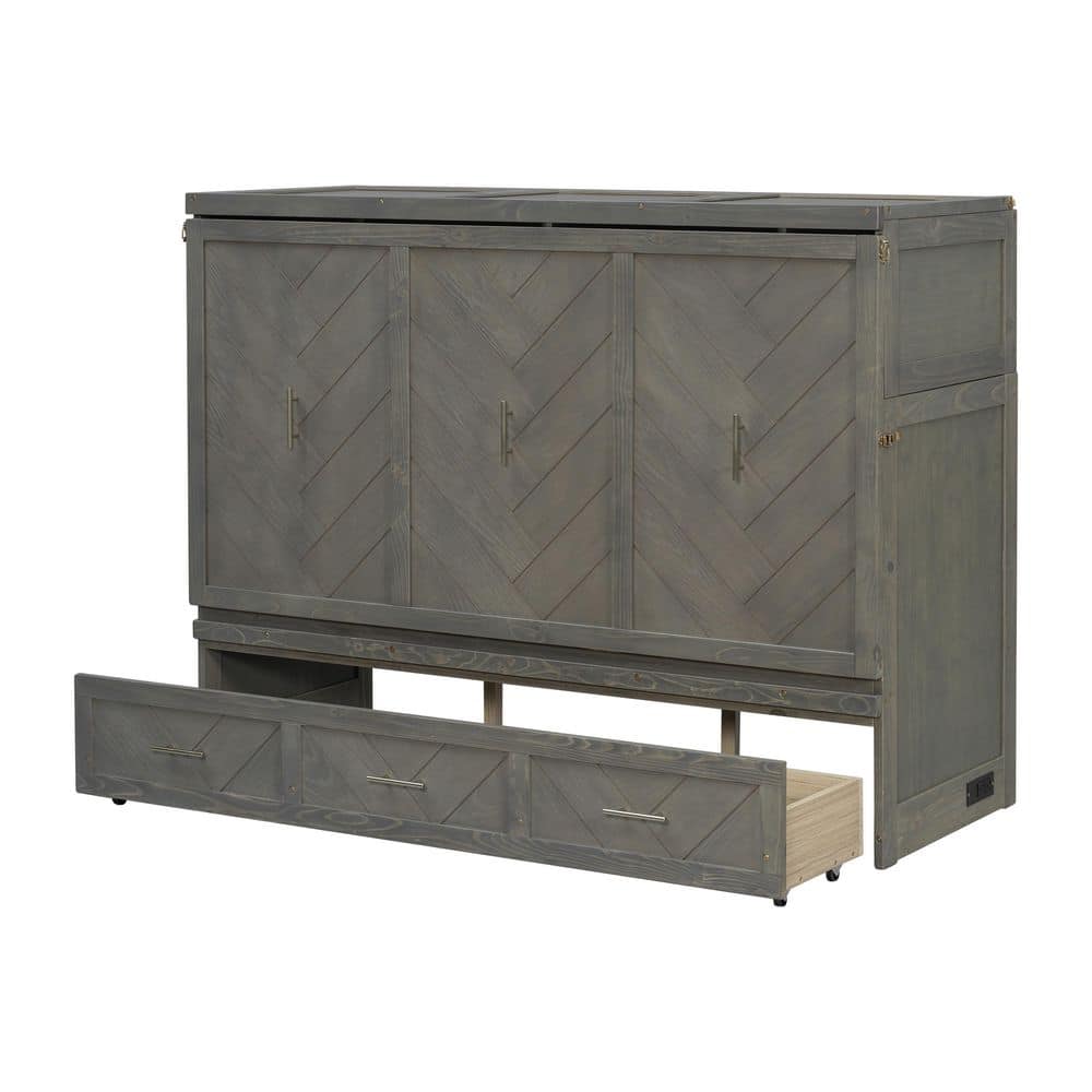 Gray Pine Wood Frame Queen Murphy Bed with USB Charging, Fold-Down Cabinet Bed with Geometric Panel & Storage Drawer price history on PriceWatchPro