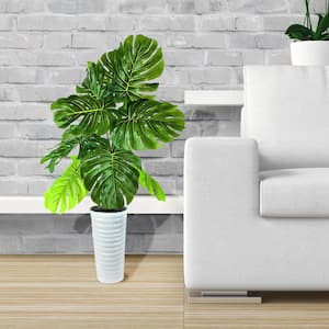 36 in. Artificial Monstera in White Ribbed Metal Planter