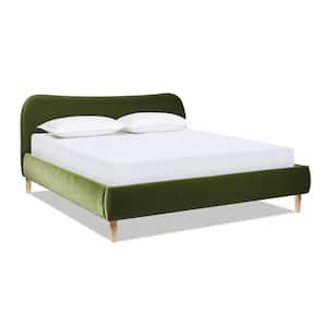 Roman 82 in. Wood Frame King Modern Platform Bed with Curved Headboard Upholstered Performance Velvet in Olive Green