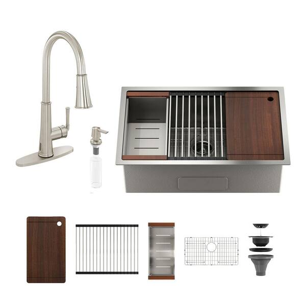 32 in. Undermount Single Bowl Nano Brushed Stainless Steel Kitchen Sink with LED Pull-Down Faucet and Accessories Kits