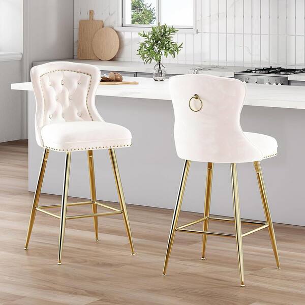 Lirago Beige Velvet Counter Height Bar Stool with Metal Legs (Set of 2)