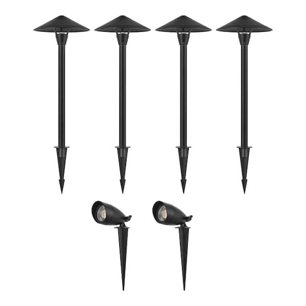 Hampton Bay 600 Lumen Black Low Voltage Integrated LED Spotlight Kit with 2-Spotlights, 4-Path Lights, Transformer, 50 ft. Cable