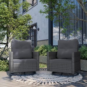 2-Peice Gray Wicker Outdoor Rocking Chair Swivel Chair with Dark Gray Cushions