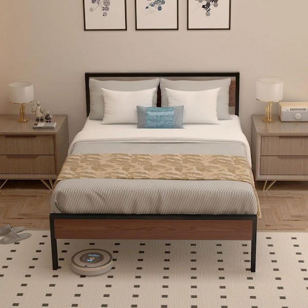 Brown Metal Frame Full Platform Bed with Wood Headboard, Bedroom Kids Teens Adult Metal Bed Frame