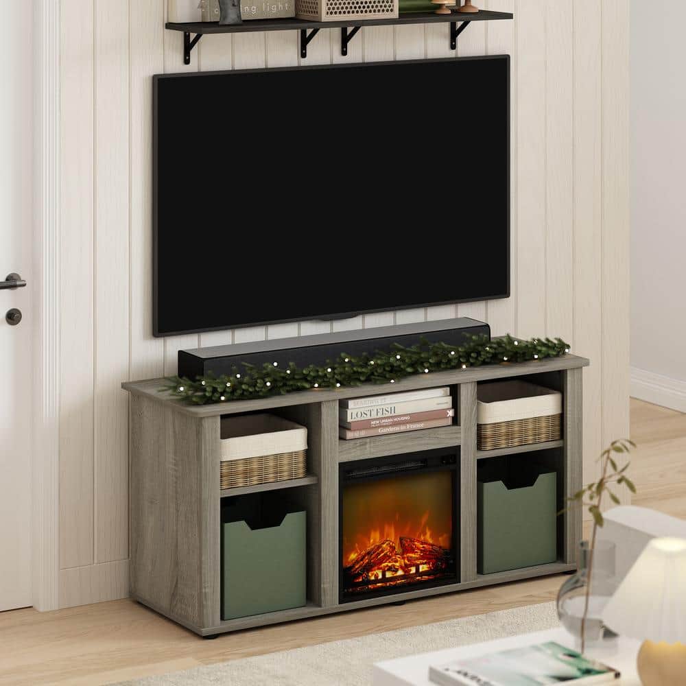 Gray Composite Wood Fireplace TV Stand with Open Storage for 55 Inch TV