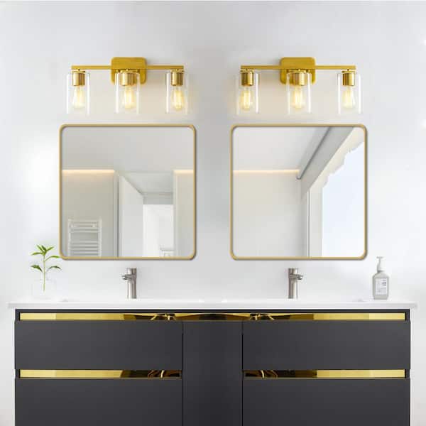 21 in. 3-Light Antique Brass Clemmon Vanity Light with Square Glass Shade