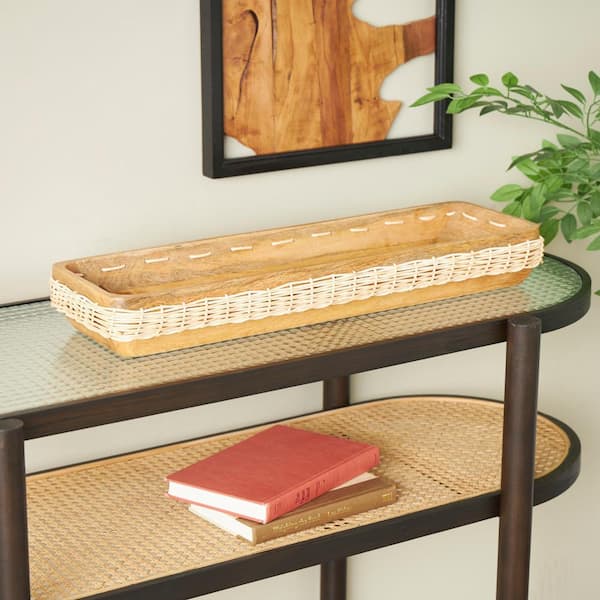 Litton Lane Brown Handmade Mango Wood Nesting Decorative Tray with Hand Woven Seagrass Accents