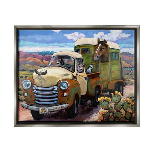 The Stupell Home Decor Collection Dogs Driving Vintage Rustic Truck with Horse Trolley by CR Townsend Floater Frame Animal Wall Art Print 31 in. x 25 in.
