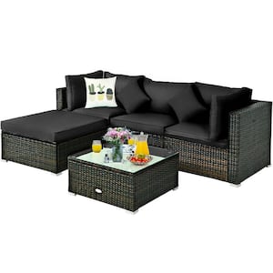 5-Piece PE Wicker Outdoor Patio Conversation Sectional Sofa Set with Black Cushions and Ottoman