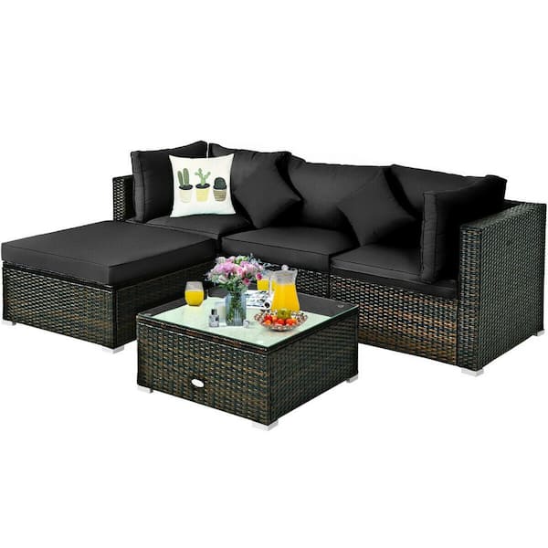 ANGELES HOME 5-Piece PE Wicker Outdoor Patio Conversation Sectional Sofa Set with Black Cushions and Ottoman
