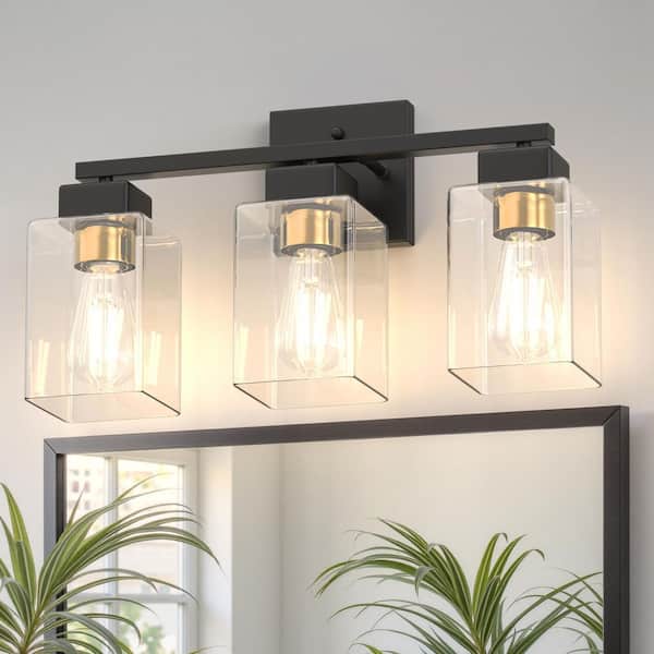 16 in. 3-Light Black and Gold Modern Vanity Light with Square Clear Glass Shade, Wall Lighting Fixtures for Bathroom
