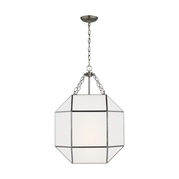 Generation Lighting Morrison Medium 3-Light Antique Brushed Nickel Lantern Hanging Pendant Light with White Glass Panel