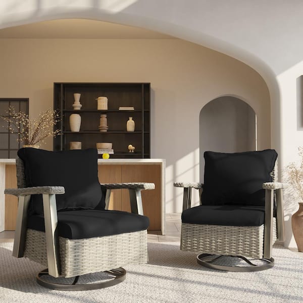 JOYSIDE Wicker Patio Outdoor Rocking Chair Swivel Lounge Chair with Black Cushion (2-Pack)