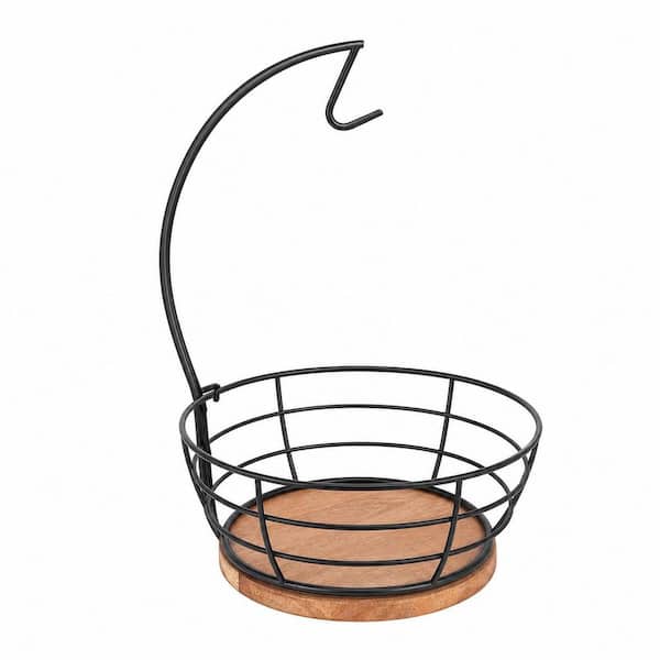 Countertop Fruit Basket Bowl with Banana Hanger, Round Wood Base, Rustproof Metal Storage for Kitchen Dining Table