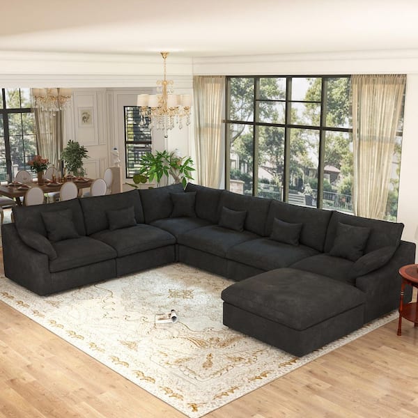155.9 in. Square Arm 7-Piece Linen Down Modular Free Combination Sectional Sofa with Ottoman, Removable Covers in Black